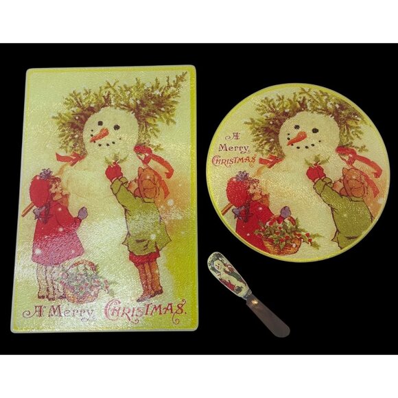 Christmas-Themed Glass Cheese Board Set with Spreader and Tray Snowman and Child - Picture 1 of 7